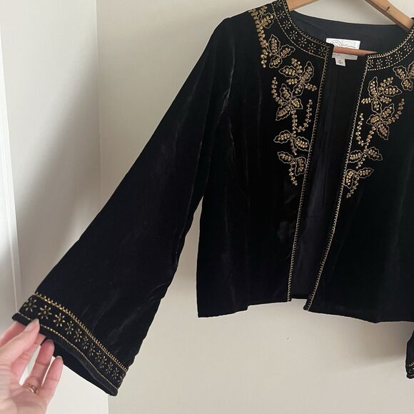 Velvet Floral Embroidered Crop Jacket XS Boxy Bell Sleeve Boho Hippie Holiday - Picture 8 of 10
